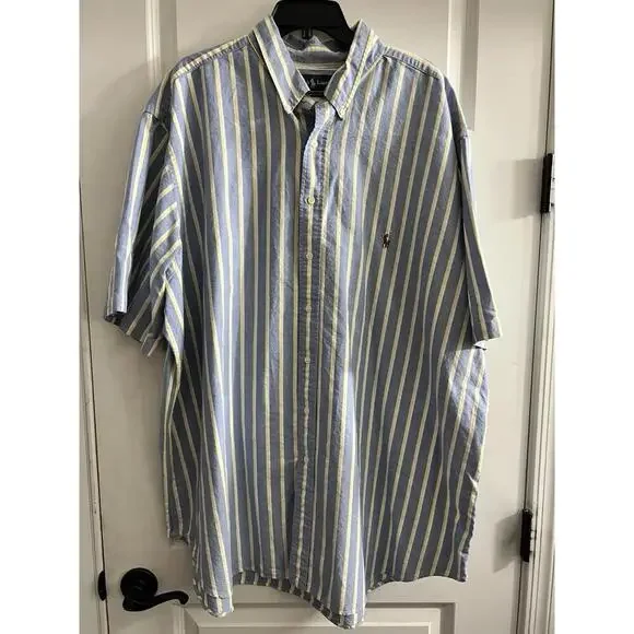 Ralph Lauren Shirt Men’s 3XLT Tall Blue Yellow Stripe Short Sleeve Classic Fit - Picture 1 of 7